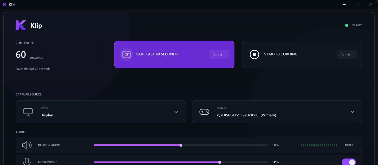 Klip dashboard showing replay, recording, capture source, and audio controls
